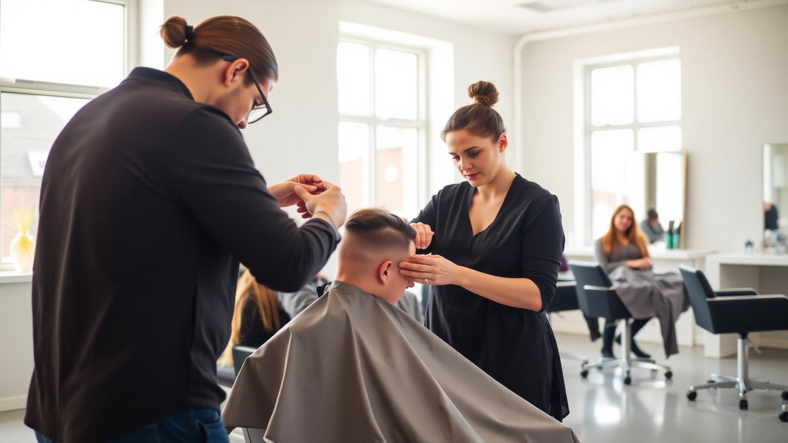 Hairdressing trainer demonstrating a haircut to a group of students in a salon